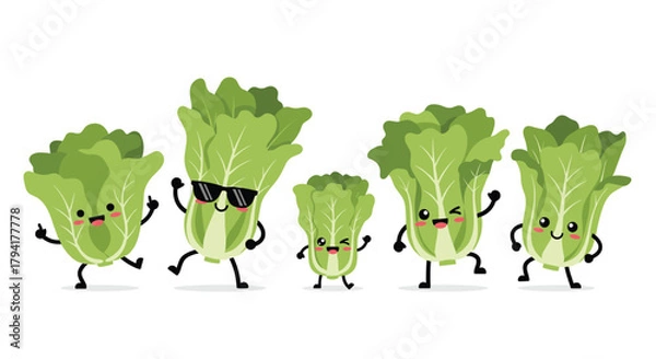 Fototapeta A group of cute cartoon lettuce characters dancing happily together.