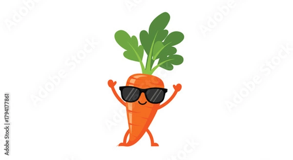 Fototapeta This happy and cool carrot is dancing with its hands up in the air while wearing sunglasses.