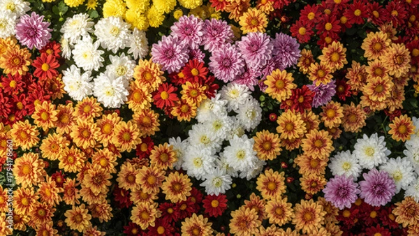 Fototapeta Beautiful seamless floral pattern of yellow daisies and colorful spring flowers blooming from above