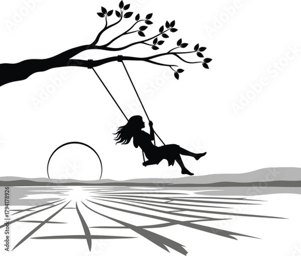 Fototapeta Girl Swinging on Tree Branch Swing Black & White Silhouette Vector