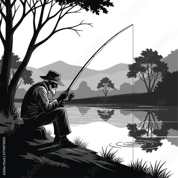 Fototapeta Old Fisherman Sitting on Riverbank Black & White Silhouette Vector