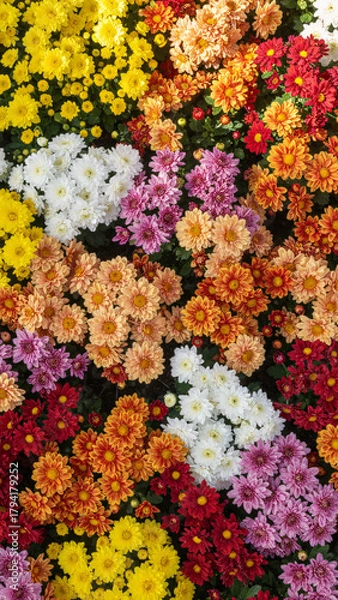 Fototapeta Colorful spring flowers blossom in the garden meadow, showcasing nature's vibrant beauty with red, yellow, and orange floral colors