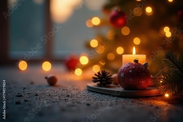 Fototapeta Soft focus festive lights, golden glow, cozy scene, romantic, illumination