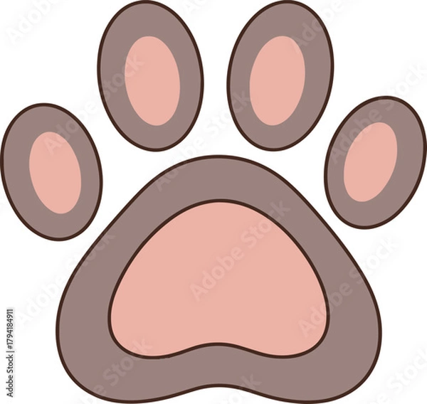 Obraz A stylized vector illustration of an animal paw print, featuring a large central pad and four smaller toe pads, colored in muted pink and brown/taupe tones with a dark outline.