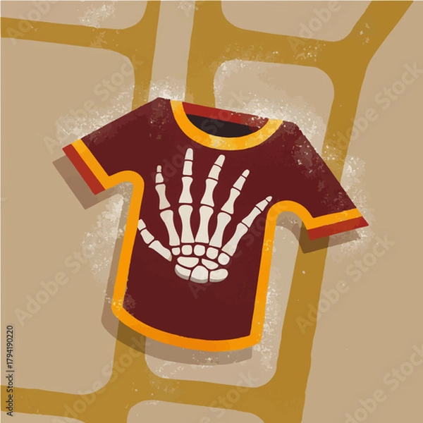 Fototapeta 
Red vector t-shirt, flat-lay view, featuring a white hand skeleton graphic at center. Clean lines, sharp details, modern vector style.