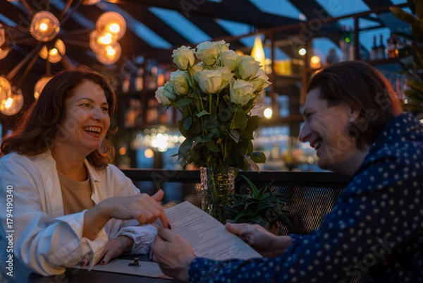 Fototapeta Midlife couple enjoying a delightful evening at a cafe, sharing laughter and conversation over a menu, surrounded by warm lighting and beautiful floral arrangements