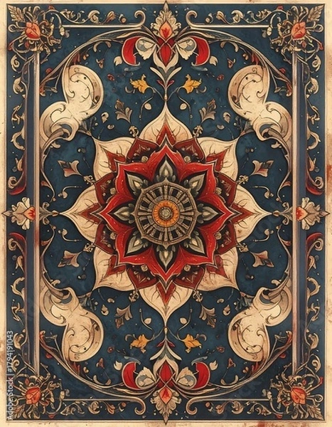 Fototapeta Ornate, symmetrical design features a central floral motif with intricate patterns on a dark blue background