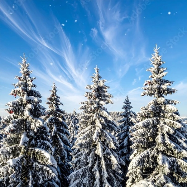 Fototapeta Snowy fir trees stand tall, their branches laden with fresh snow, under a vibrant blue sky dotted with delicate wisps of clouds
