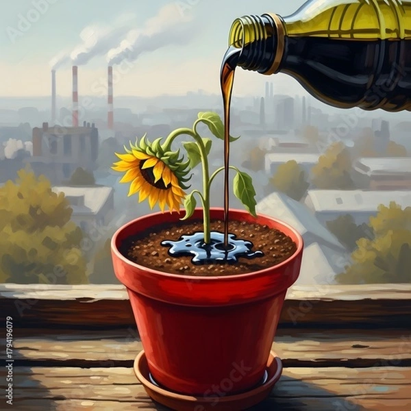 Fototapeta A sunflower plant in a red pot being watered with a bottle against an industrial cityscape background with smokestacks and pollution