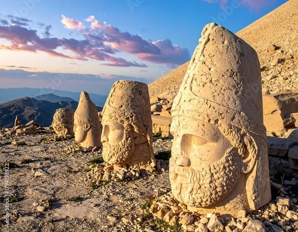 Fototapeta Stone heads of ancient figures stand on a mountain under a colorful, cloud-filled sky at sunset. The landscape is rocky