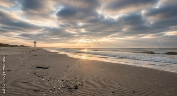 Fototapeta Serene Coastal Vista: A tranquil seascape where the soft sand beach meets the gentle embrace of the ocean. The sky, a canvas of clouds, is painted with the warm hues of sunrise.
