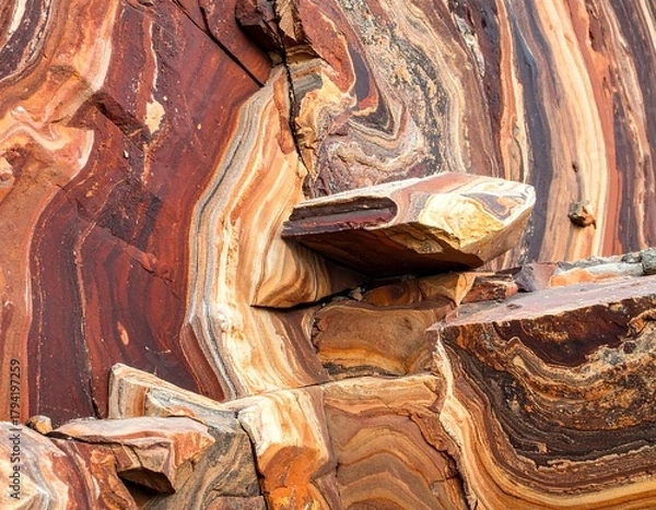 Fototapeta Stunning close-up of colorful, layered rock formations with a stone cantilever. Intense reds, oranges, and browns create a vibrant visual