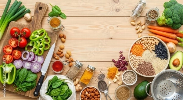 Fototapeta Colorful Culinary Symphony: A vibrant ensemble of fresh, raw ingredients is artfully arranged on a wooden surface, ready to be transformed into a culinary masterpiece.