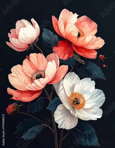 Obraz A close-up view of a floral arrangement featuring large blooms with layers of coral, pink, and white petals. Deep green leaves accent the dark background