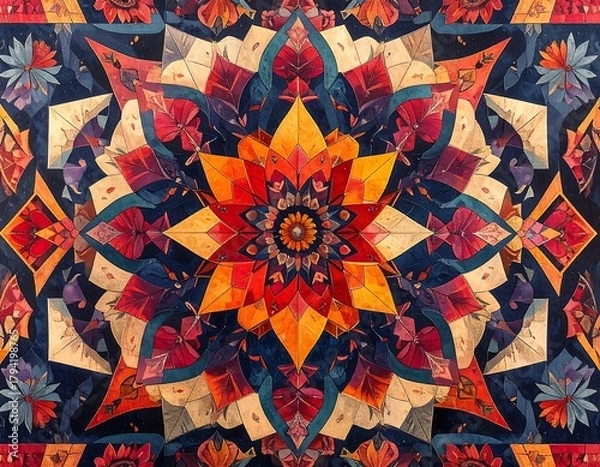 Fototapeta Symmetrical floral composition, a kaleidoscope of warm hues in a vibrant, intricate design
