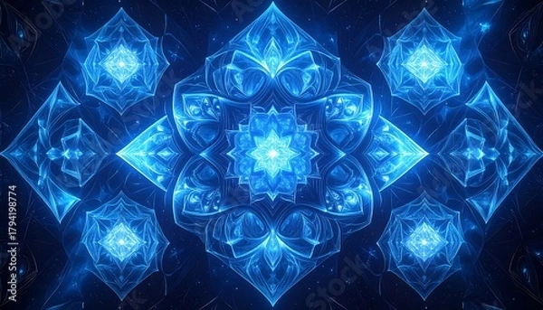 Fototapeta Symmetrical composition featuring intricate, glowing blue floral-like geometric patterns with radiant, central details. Background subtly dark