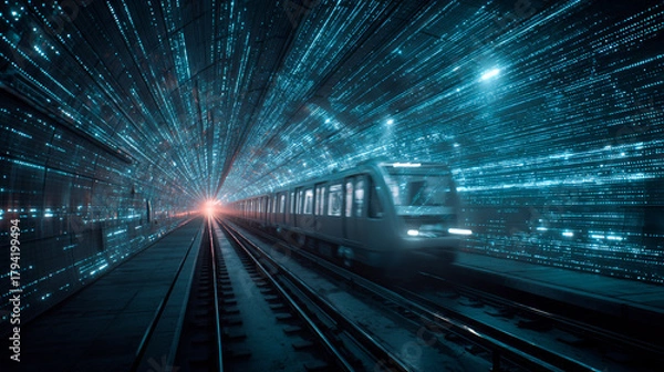 Fototapeta Futuristic subway high speed motion blur neon lights cyberpunk tunnel glowing particles rapid transit underground railway technology night scene