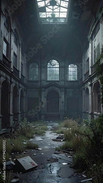 Fototapeta A decrepit, overgrown corridor, lit by an overhead skylight, with arched windows. Rubble litters the floor