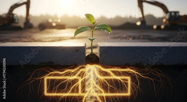 Fototapeta Resilient seedling emerges powerfully from concrete, a symbol of hope and growth in a changing world, supported by glowing roots