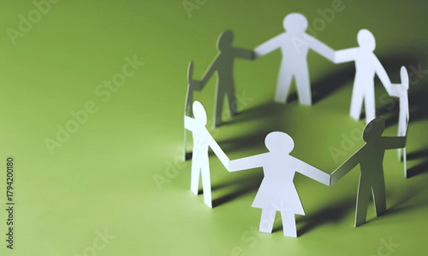 Fototapeta Teamwork makes the dream work with a circle of diverse paper people holding hands on vibrant green background, community and collaboration