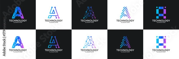 Obraz Set of initial letter A technology circuit connection digital data network logo design inspiration.
