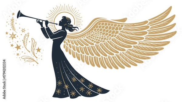 Obraz Elegant angel with trumpet blowing festive blessings, herald of good tidings, spreading joy and magic with celestial wings, a symbol of hope and peace