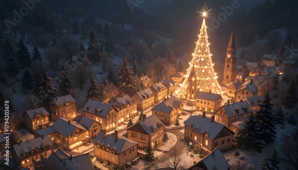Fototapeta Christmas tree in a snowy village at night illuminated with lights creating a festive winter scene