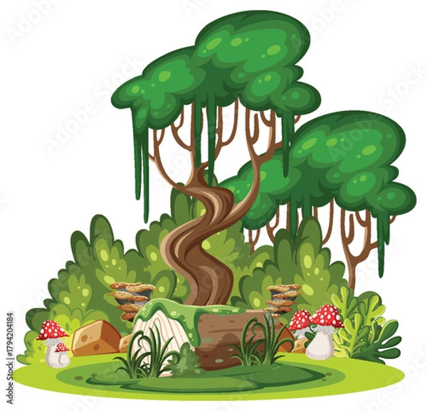 Obraz Twisted Tree and Mushrooms in Lush Forest Vector Scene