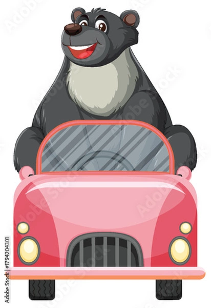 Obraz Smiling Cartoon Bear Driving a Red Convertible Car