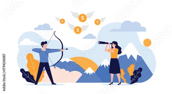 Obraz A man aims an arrow at flying money, and a woman uses a telescope, symbolizing strategic financial planning, investment, and wealth goals.