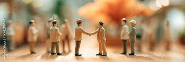Fototapeta Two miniature figurines shake hands with warm confidence in a bright business setting. Their friendly gesture reflects a successful agreement and positive professional spirit.