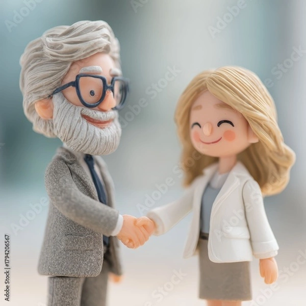 Fototapeta Two miniature figurines shake hands with warm confidence in a bright business setting. Their friendly gesture reflects a successful agreement and positive professional spirit.