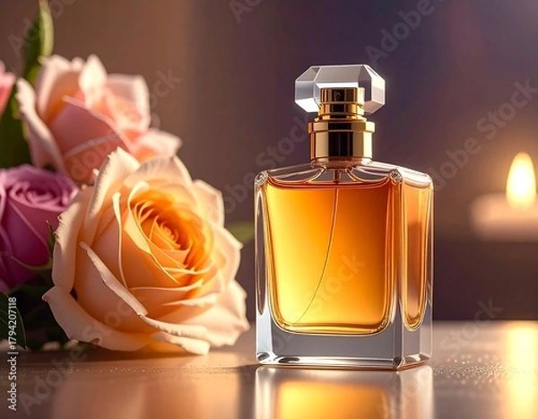 Fototapeta A perfume bottle with a geometric cap sits next to a bouquet of roses. A candle glows softly in the background