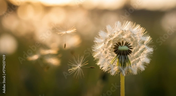 Fototapeta Hopeful dandelion seed blowing in wind during calm golden hour. Delicate flower spreading in nature breeze