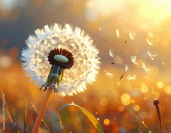 Fototapeta Hopeful white dandelion seed head blowing in soft wind during golden sunset. peaceful and serene nature background