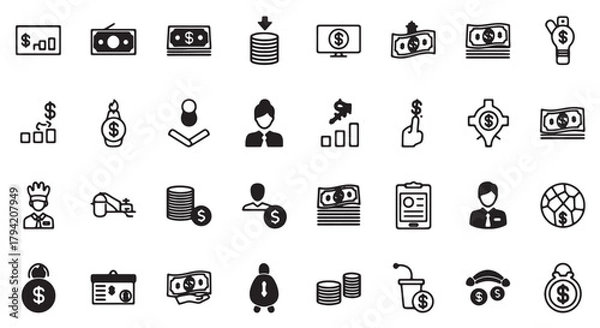 Obraz Set of finance and investment icons simple line art glyphs for business and banking applications