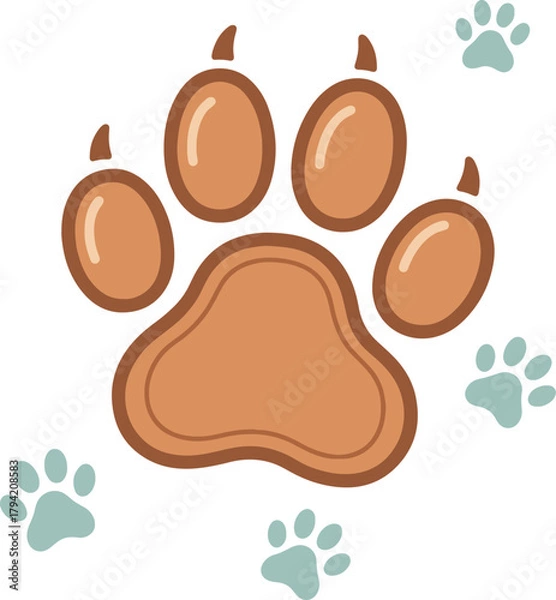 Obraz A large, detailed, brown animal paw print with glossy highlights and small claw tips, surrounded by four smaller, simple blue-green paw print silhouettes.