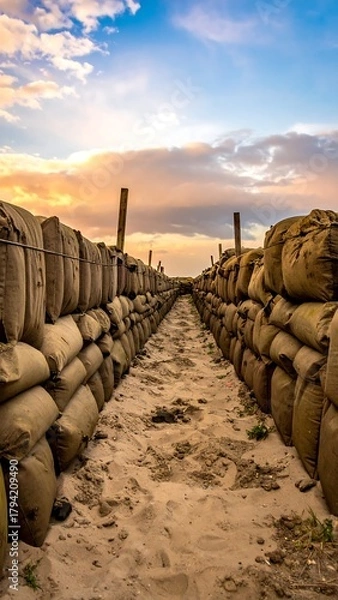 Fototapeta A sandy trench is flanked by tall sandbag walls, the sunlight casting a golden glow on the horizon and clouds