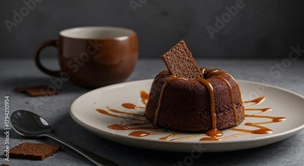 Obraz Chocolate Lava Cake with Caramel: A delectable chocolate lava cake sits on a plate drizzled with caramel sauce, alongside a cup of coffee, creating an image of indulgence and gourmet enjoyment. 