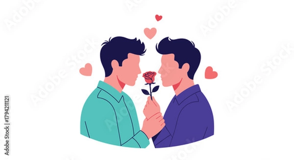 Obraz Two loving gay men exchange a red rose, surrounded by floating hearts, symbolizing their romantic relationship and affection.