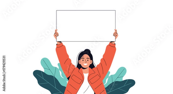 Obraz Smiling young woman cheerfully holding up a blank white board or placard, ready for custom text, a message, or an advertisement.