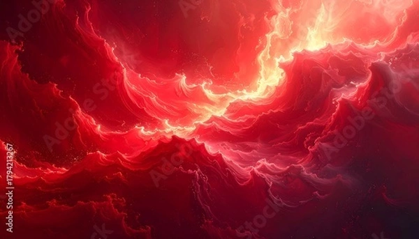 Obraz A vibrant abstract composition featuring swirling, crimson-toned clouds illuminated by a brilliant, golden light, creating a dramatic, ethereal scene