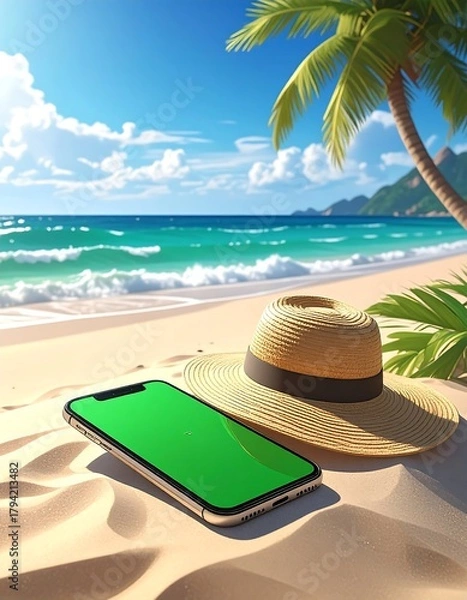 Fototapeta A vibrant beach scene showing a mobile device with a green screen, a hat, palm tree, and ocean. Bright sunlight