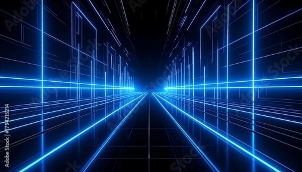 Obraz A vibrant, neon-lit perspective, showcasing a digital corridor with glowing blue lines converging towards a bright point. Abstract