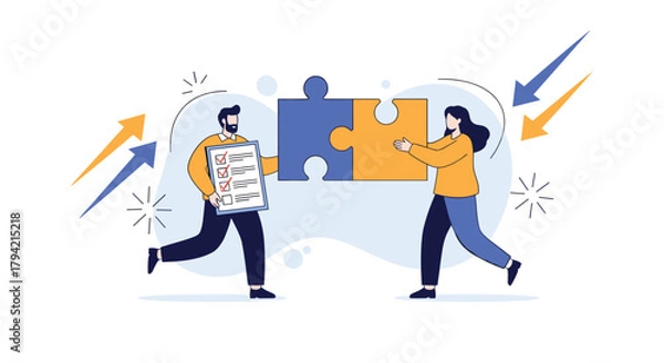 Obraz Business man and woman collaborate on project tasks, bringing puzzle pieces together while checking off items on a list for successful completion.