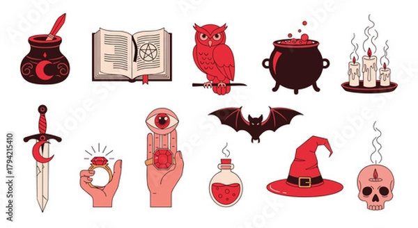 Obraz A vibrant collection of occult and magical items, including spellbooks, potions, and wiccan symbols, rendered in a striking flat design.