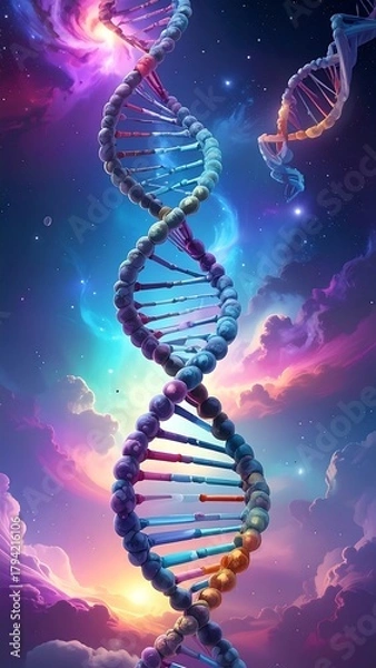 Obraz A vibrant, swirling depiction of a double helix structure against a backdrop of cosmic nebulae and pastel-colored clouds