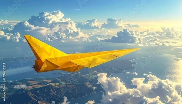 Fototapeta A vibrant yellow paper airplane soars above a landscape of islands, land, and water bathed in bright sunlight. The sky is full of clouds