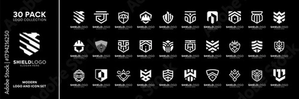 Obraz Set of shield armor defense logo design inspiration. Geometric abstract logo icon vector isolated on black background.