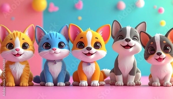 Fototapeta A whimsical image features five adorable cartoon animal characters two cats and three puppies, each with bright colors and happy expressions